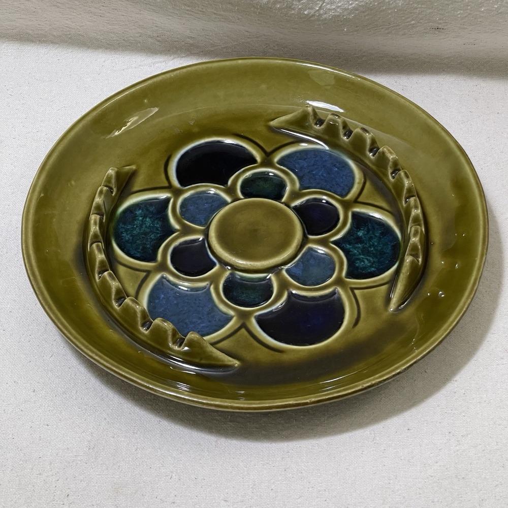 Vintage MCM Ceramic Ashtray Olive Green Blue‎ Flower Glazed 1960s Pottery